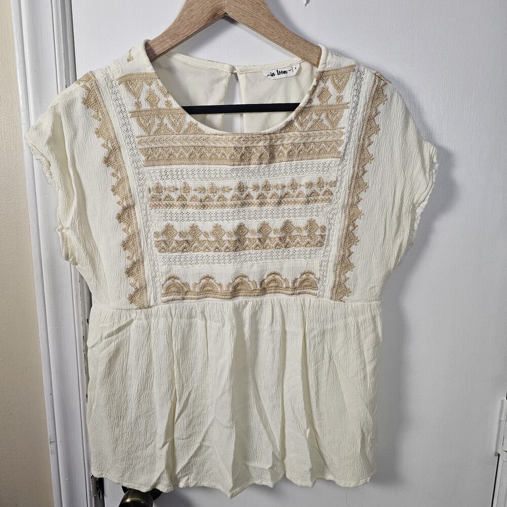 IN LOOM White Babydoll Embroidered Gauze Peasant Prairie Blouse Top Sz S - Picture 2 of 6